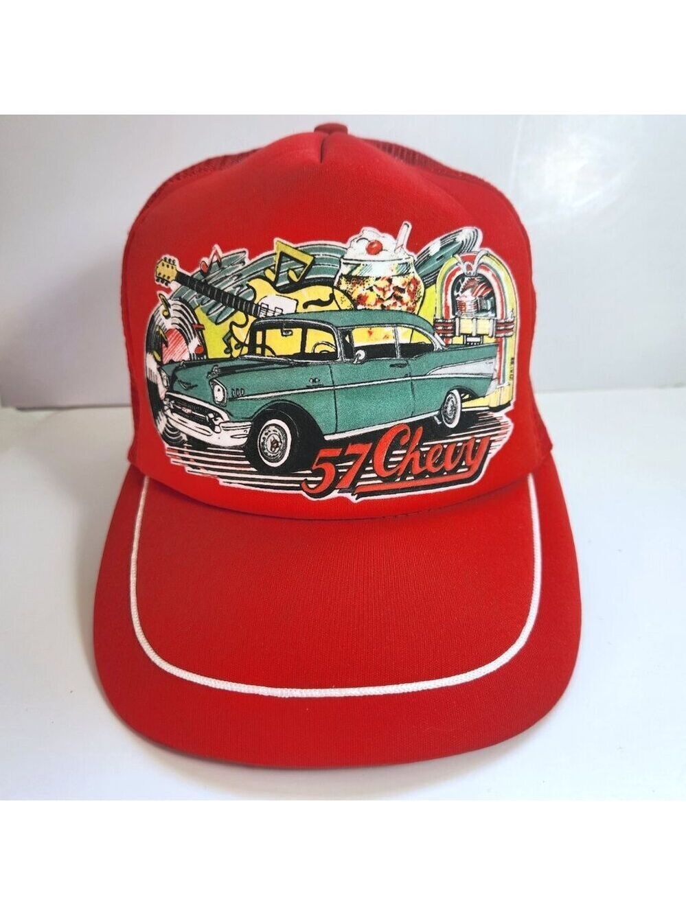 Vintage 57 Chevy Truckers Hat Red Snapback Mesh Back Soda Shop